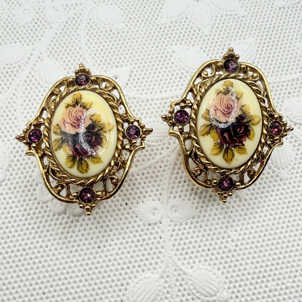 Vintage 1928 Victorian Revival Flower Cameo Purple Rhinestone Clip-On Earrings